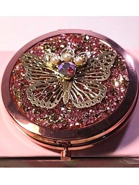 Rose Gold Embellished Butterfly Compact Makeup Mirror